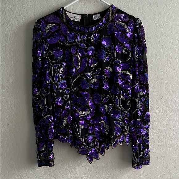 Vintage Lawrence Kazar Sequin Beaded Embellished Silk Blouse Purple in M - Picture 2 of 16